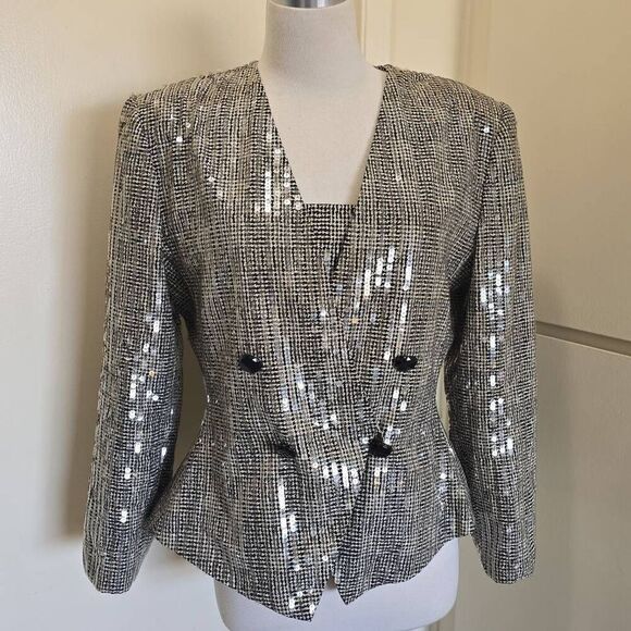 Nolan Miller Vtg Sequin Jkt and Matching Shell, Blk/Ivory Plaid, EUC, 12 - Picture 1 of 10